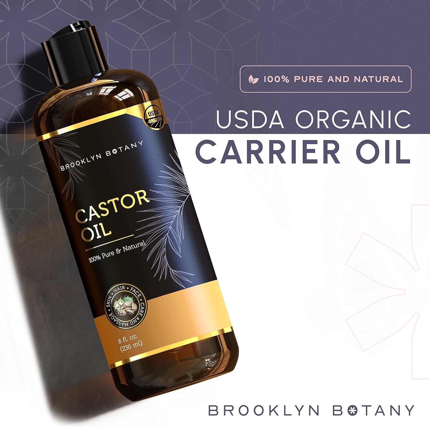 Organic Castor Oil in Plastic Bottle for Hair Growth, Eyelashes & Eyebrows - 100% Pure and Natural Carrier Oil, Hair & Body Oil - Moisturizing Massage Oil for Aromatherapy - 8 Fl Oz