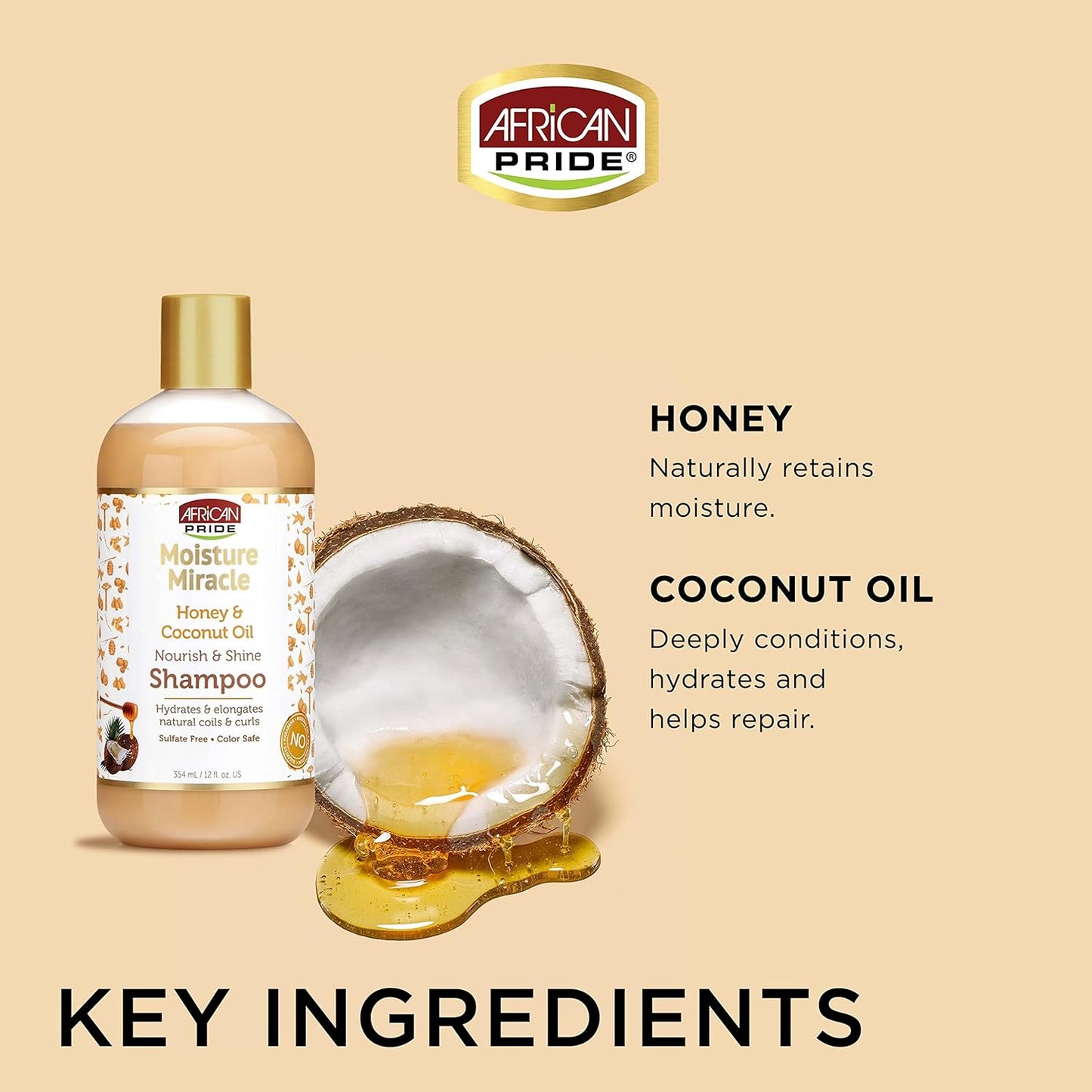 Moisture Miracle Honey & Coconut Oil Shampoo - for Natural Coils & Curls, Nourishes & Shines, Sulfate Free, Color Safe, 12 Oz.