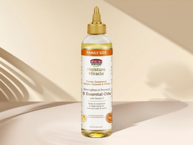 Moisture Miracle 5 huiles essentielles pour cheveux - Contient de l'huile de ricin, de pépins de raisin, d'argan, de noix de coco et d'olive, hydrate et fait briller les cheveux, Vitamine E, 8 Oz