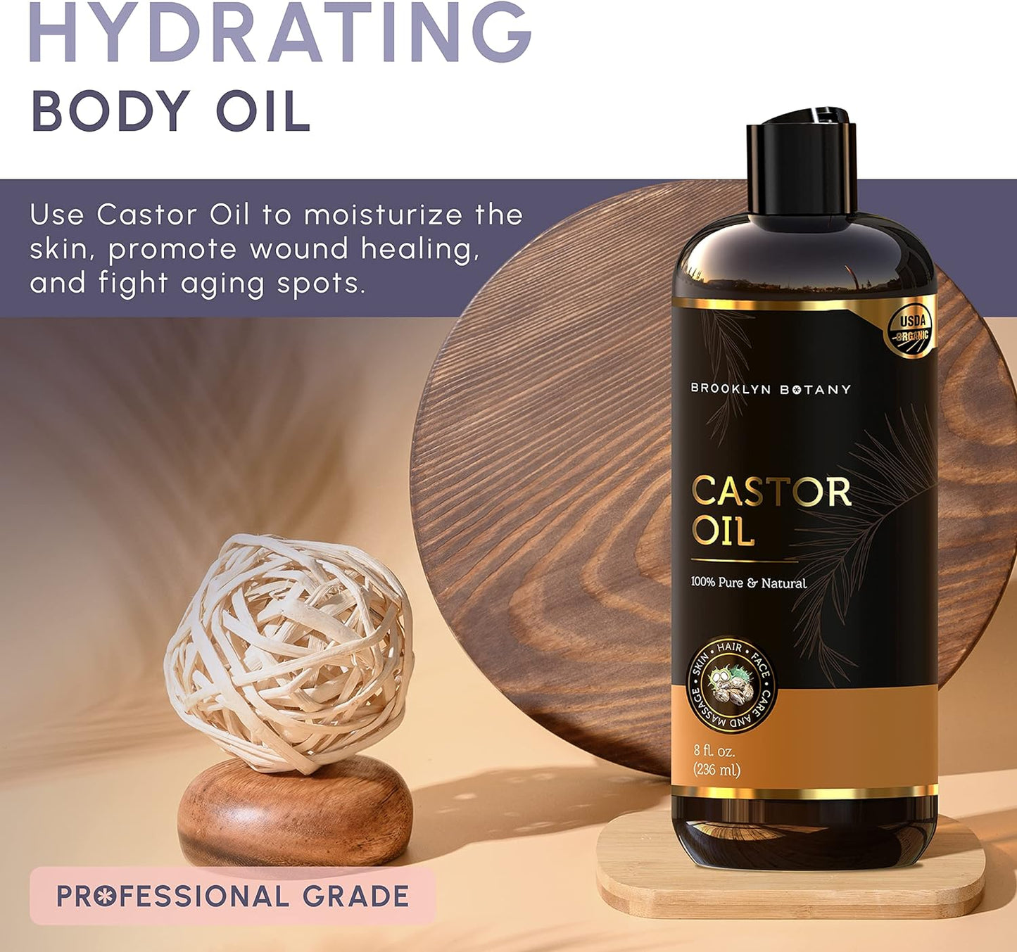 Organic Castor Oil in Plastic Bottle for Hair Growth, Eyelashes & Eyebrows - 100% Pure and Natural Carrier Oil, Hair & Body Oil - Moisturizing Massage Oil for Aromatherapy - 8 Fl Oz